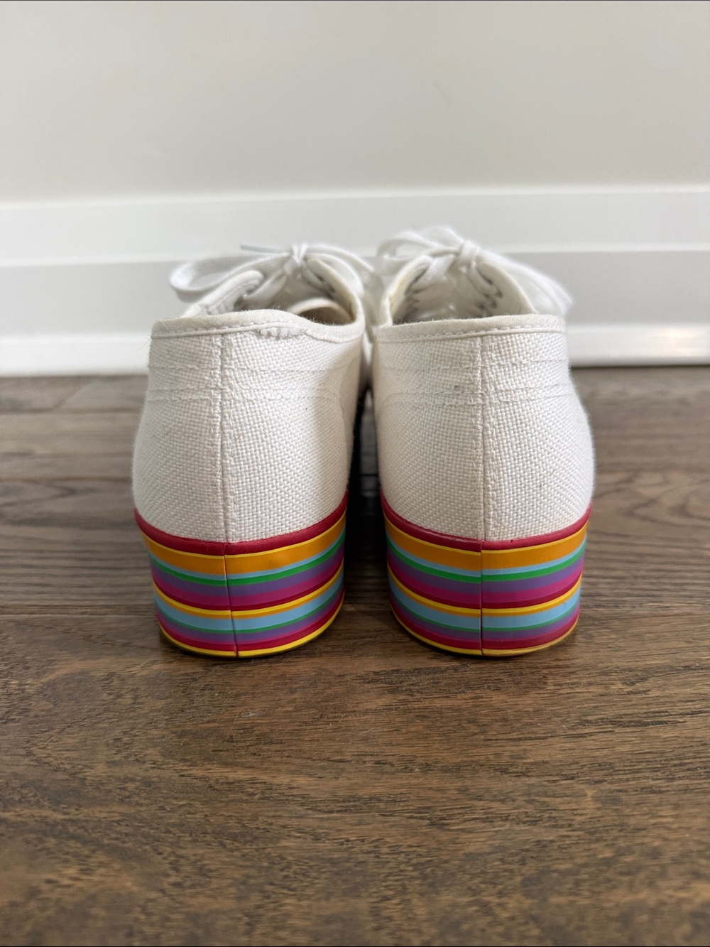 Superga White Canvas Platform Sneakers with Rainbow Stripe Sole - Picture 5 of 6